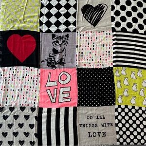 Sandra Angelozzi | 100% Wool Patchwork Scarf | Cat & Heart Print | Y2K Pop Art